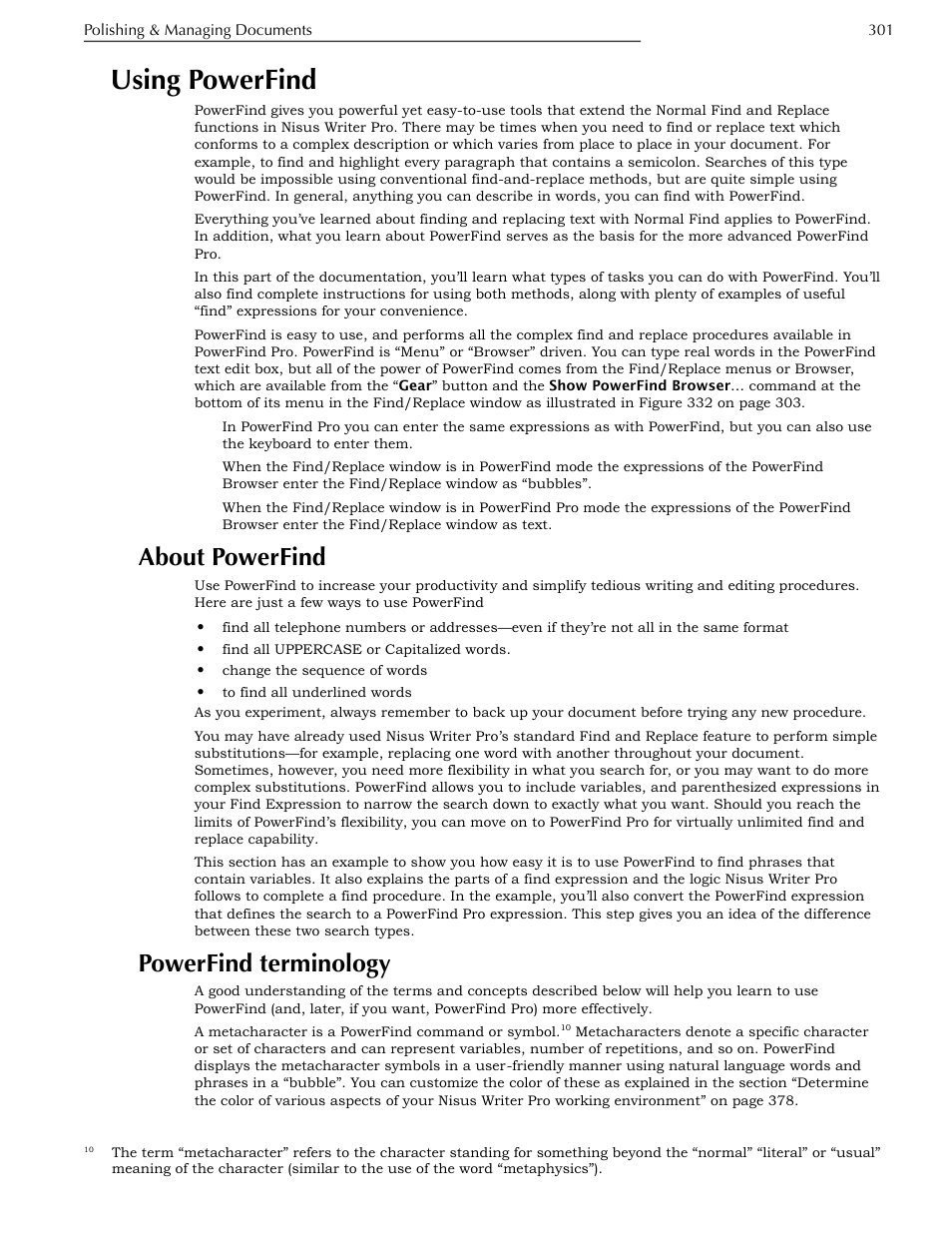 Using powerfind, About powerfind, Powerfind terminology | Ge 301 | Nisus Writer Pro User Manual | Page 321 / 525