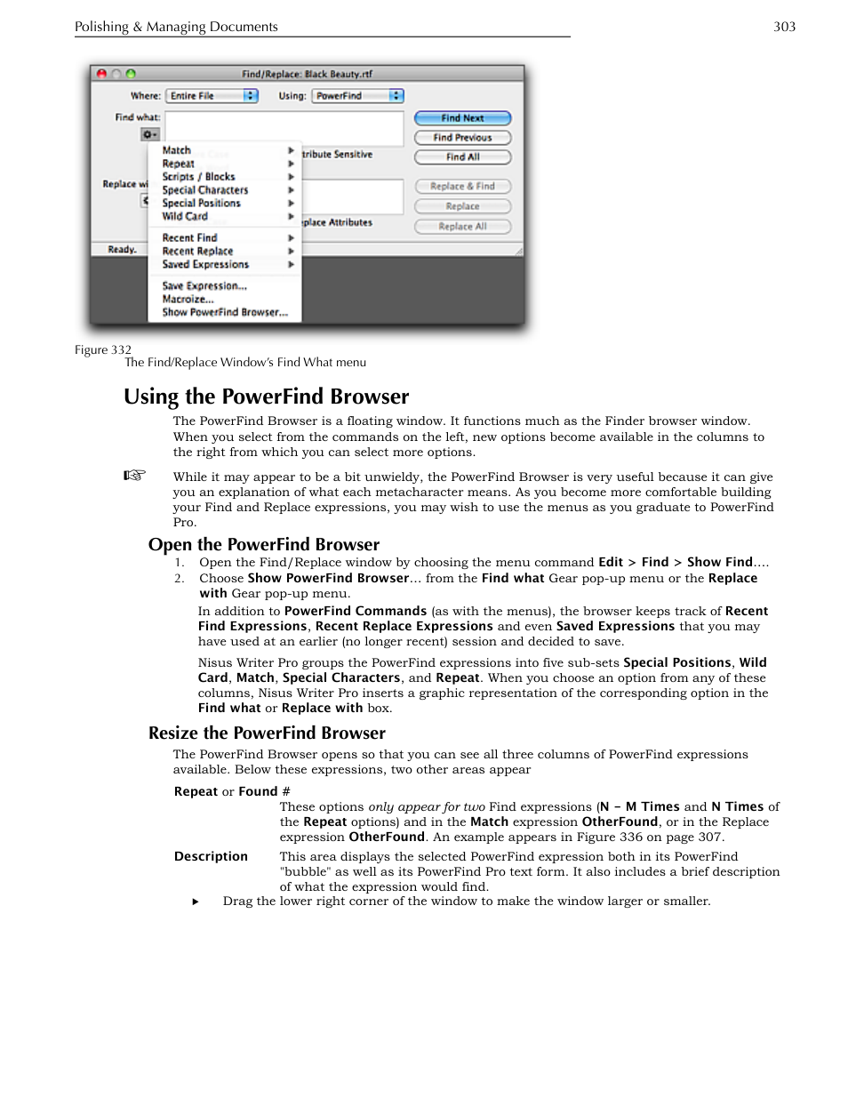 Using the powerfind browser, Open the powerfind browser, Resize the powerfind browser | Figure 332 | Nisus Writer Pro User Manual | Page 323 / 525