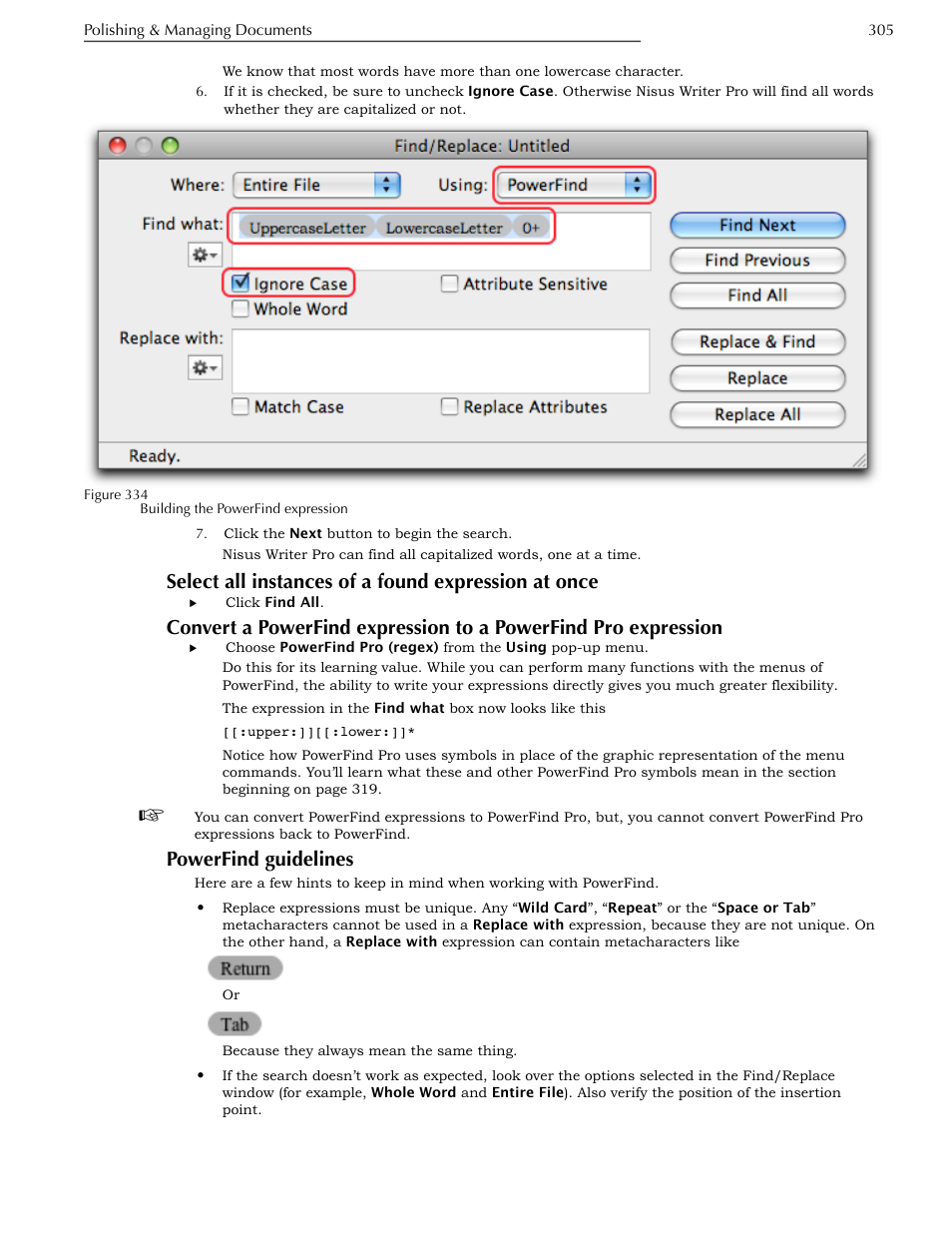 Select all instances of a found expression at once, Powerfind guidelines, Expression | Nisus Writer Pro User Manual | Page 325 / 525