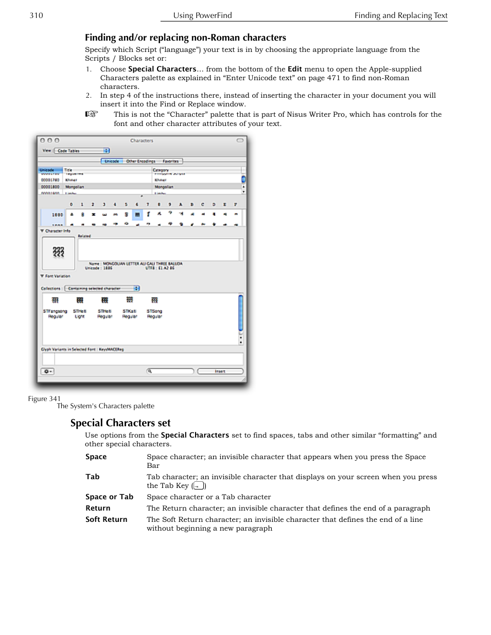 Finding and/or replacing non-roman characters, Special characters set, Below | Figure 341 | Nisus Writer Pro User Manual | Page 330 / 525