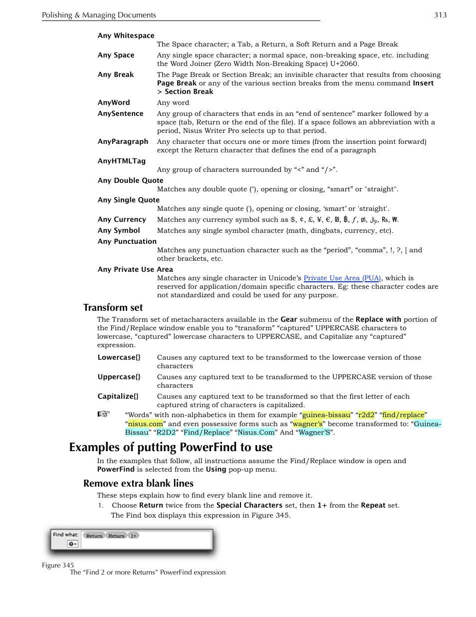 Transform set, Examples of putting powerfind to use, Remove extra blank lines | Nisus Writer Pro User Manual | Page 333 / 525