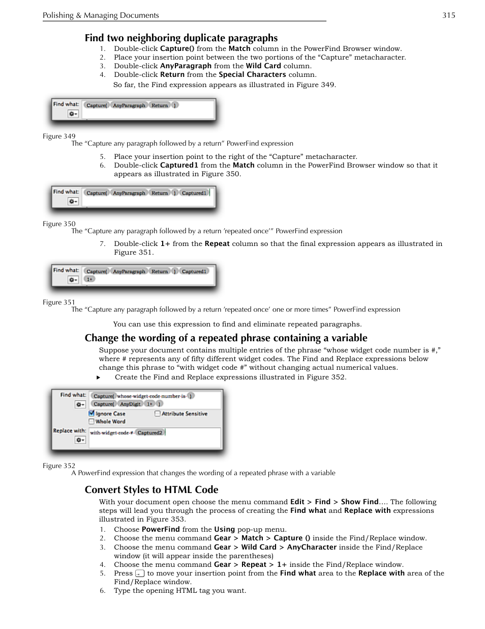 Find two neighboring duplicate paragraphs, Convert styles to html code, A variable | Nisus Writer Pro User Manual | Page 335 / 525