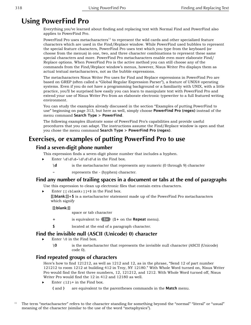 Find a seven-digit phone number, Find repeated groups of characters, Using powerfind pro | Tabs at the end of paragraphs, Ge 318. a | Nisus Writer Pro User Manual | Page 338 / 525