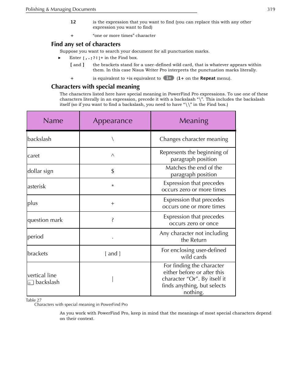 Find any set of characters, Characters with special meaning, Name | Appearance, Meaning | Nisus Writer Pro User Manual | Page 339 / 525
