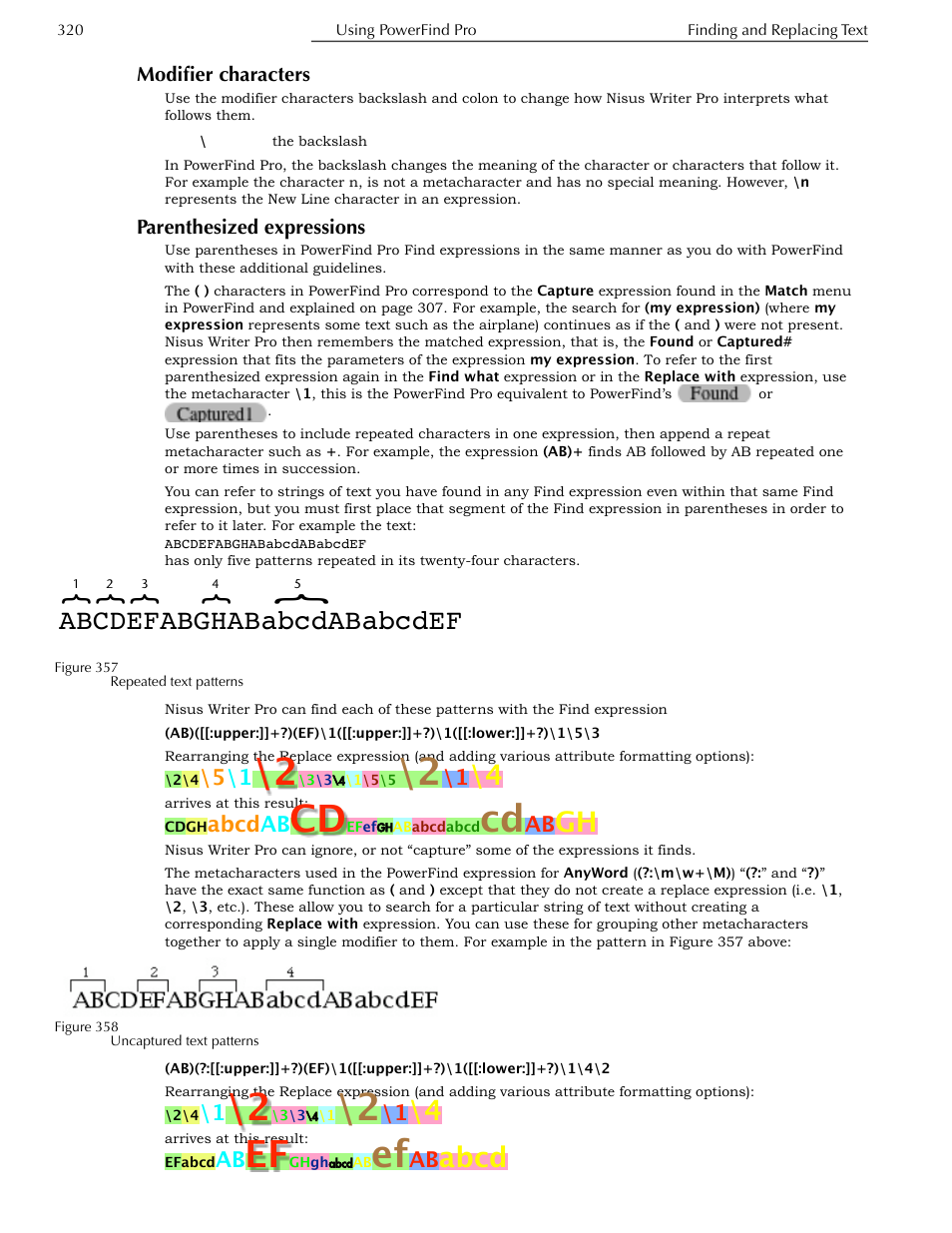 Modifier characters, Parenthesized expressions, Abcdefabghababcdababcdef | Abcd | Nisus Writer Pro User Manual | Page 340 / 525