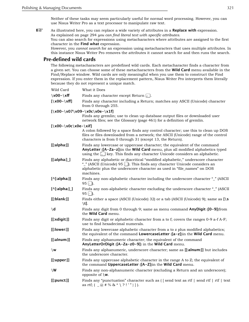Pre-defined wild cards | Nisus Writer Pro User Manual | Page 341 / 525