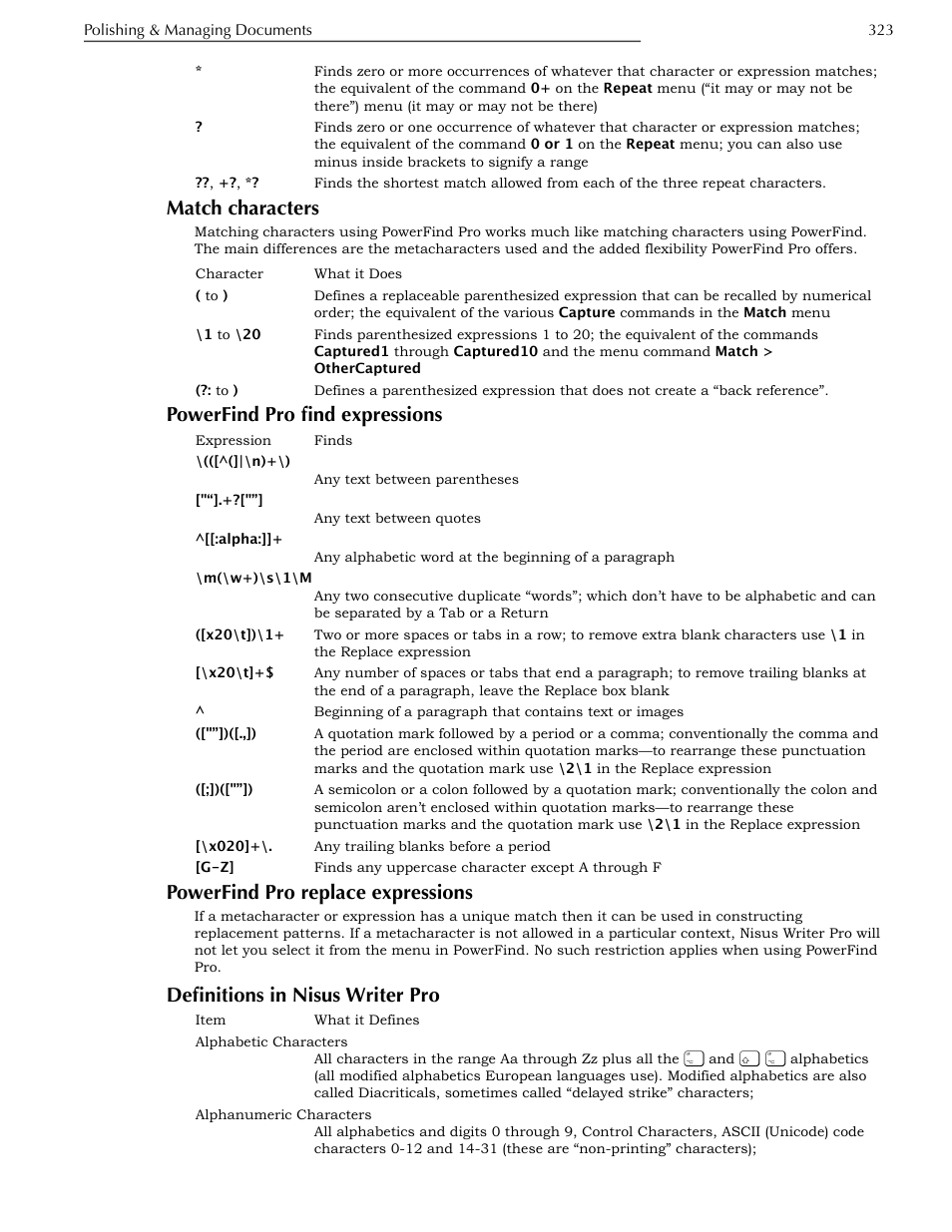 Match characters, Powerfind pro find expressions, Powerfind pro replace expressions | Definitions in nisus writer pro | Nisus Writer Pro User Manual | Page 343 / 525