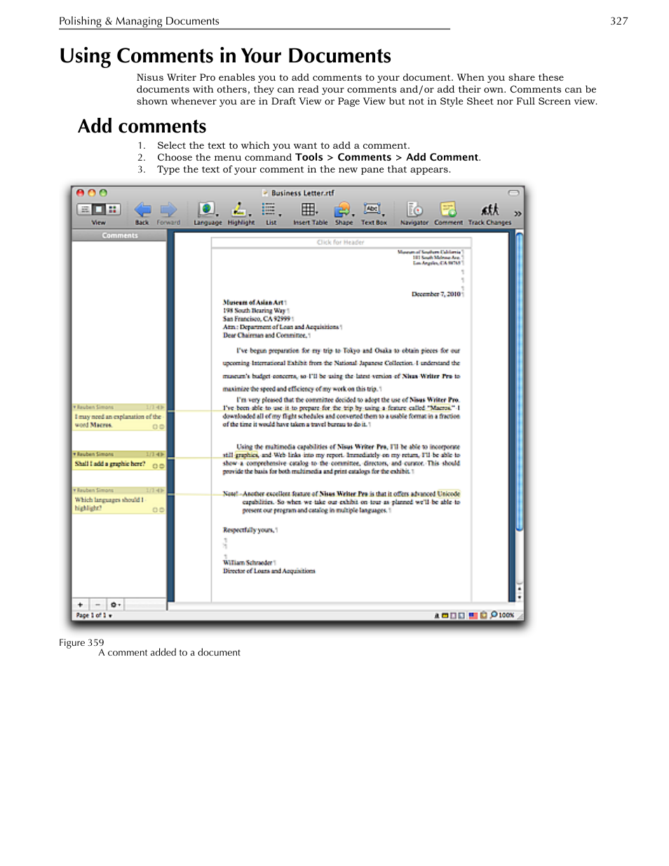 Using comments in your documents, Add comments | Nisus Writer Pro User Manual | Page 347 / 525