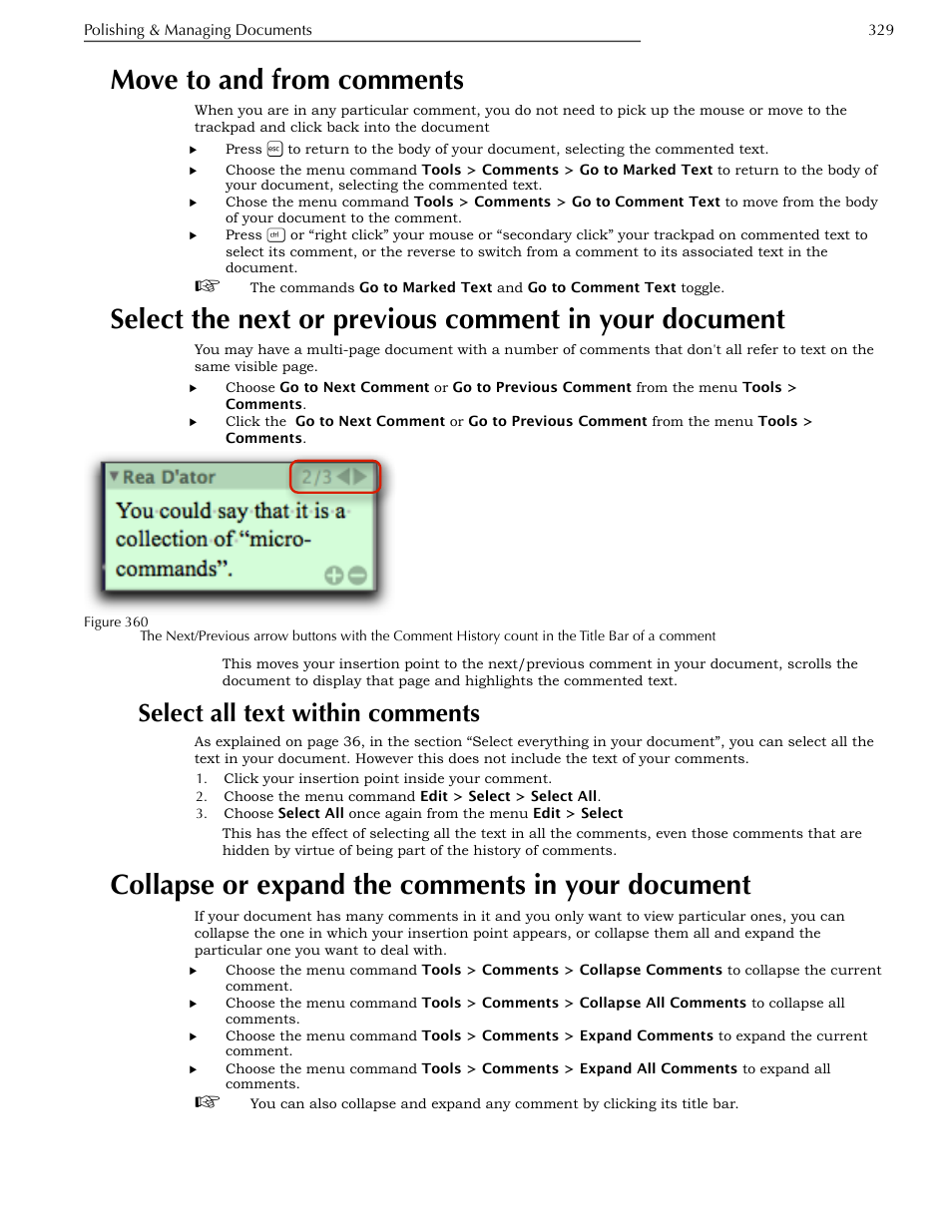 Move to and from comments, Select all text within comments, Collapse or expand the comments in your document | Document, Ge 329 | Nisus Writer Pro User Manual | Page 349 / 525