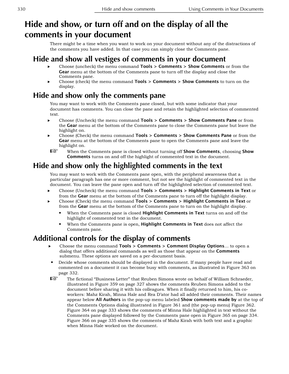 Hide and show only the comments pane, Additional controls for the display of comments, All the comments in your document | Document, The text | Nisus Writer Pro User Manual | Page 350 / 525