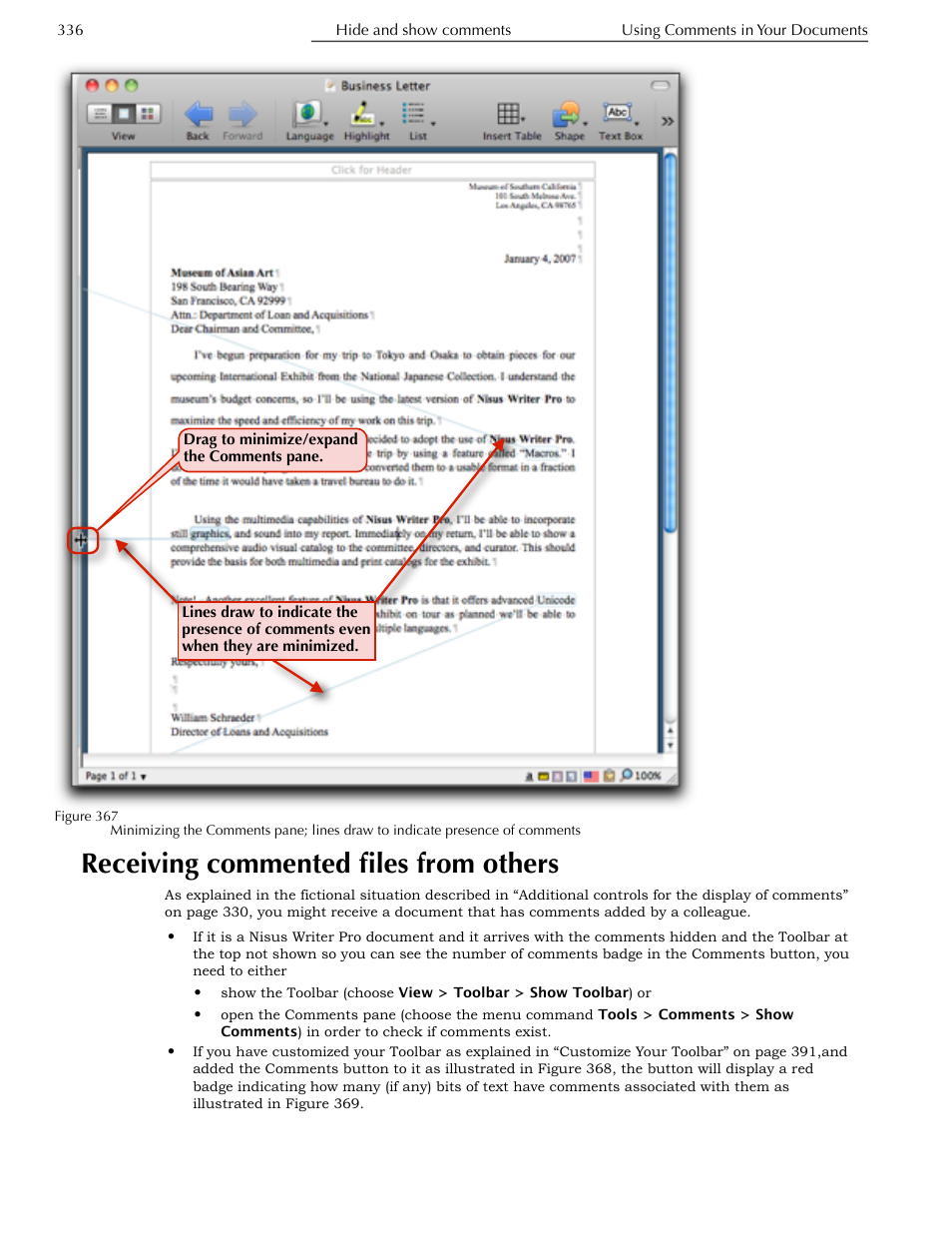 Receiving commented files from others | Nisus Writer Pro User Manual | Page 356 / 525