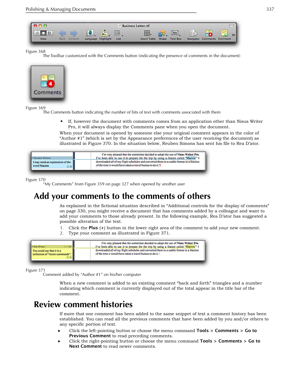 Add your comments to the comments of others, Review comment histories, Figure 368 | Figure 369 | Nisus Writer Pro User Manual | Page 357 / 525