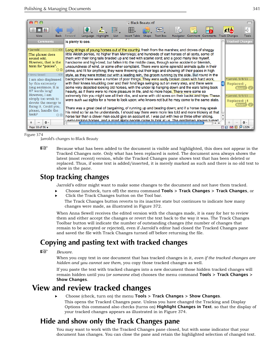 Stop tracking changes, Copying and pasting text with tracked changes, View and review tracked changes | Hide and show only the track changes pane, Hide and show only the track changes pane 341 | Nisus Writer Pro User Manual | Page 361 / 525