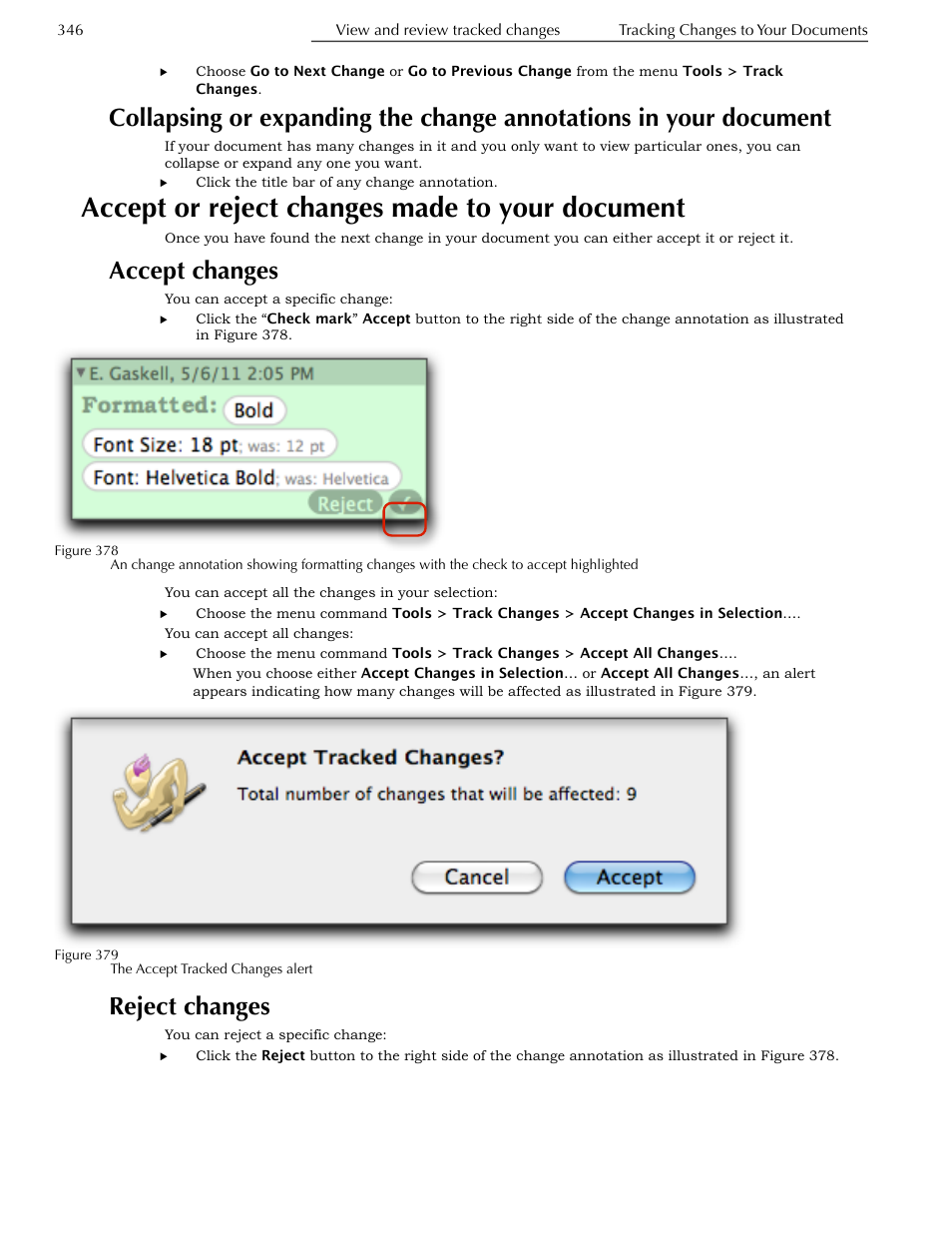 Accept or reject changes made to your document, Accept changes, Reject changes | In your document, Document | Nisus Writer Pro User Manual | Page 366 / 525