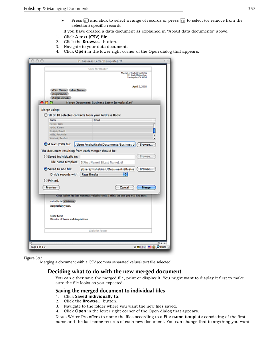 Deciding what to do with the new merged document, Saving the merged document to individual files, Document | Nisus Writer Pro User Manual | Page 377 / 525
