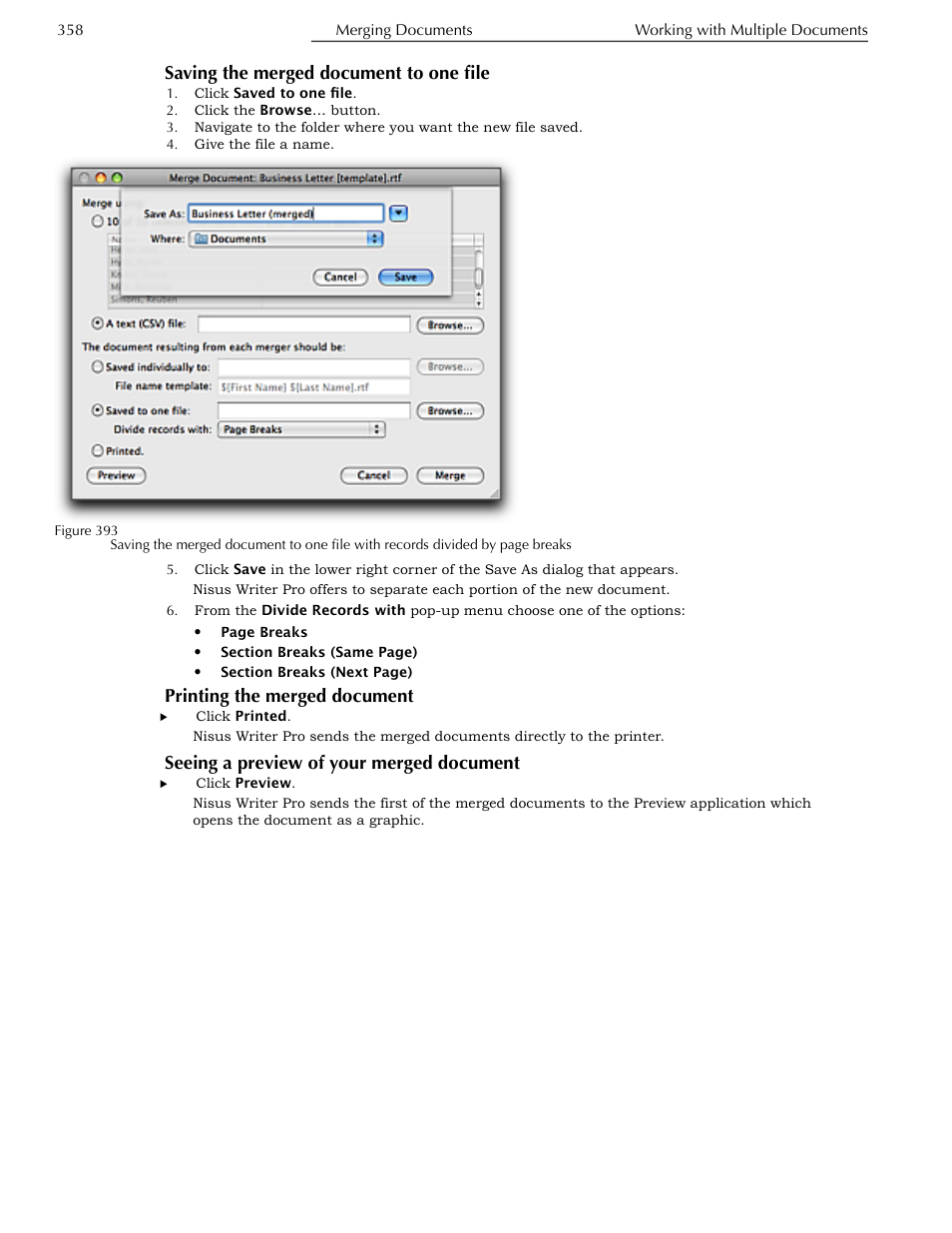 Saving the merged document to one file, Printing the merged document, Seeing a preview of your merged document | Nisus Writer Pro User Manual | Page 378 / 525