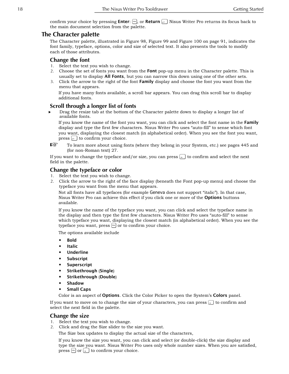 The character palette, Change the font, Scroll through a longer list of fonts | Change the typeface or color, Change the size, And “the character palette | Nisus Writer Pro User Manual | Page 38 / 525