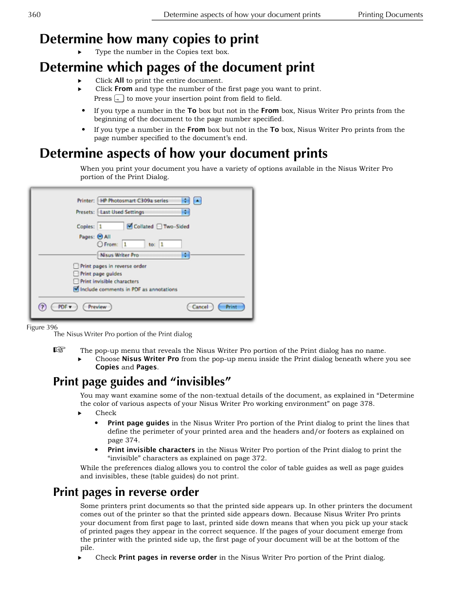 Determine how many copies to print, Determine aspects of how your document prints, Ge 360 | Figure 396, Determine which pages of the document print, Print page guides and “invisibles, Print pages in reverse order | Nisus Writer Pro User Manual | Page 380 / 525