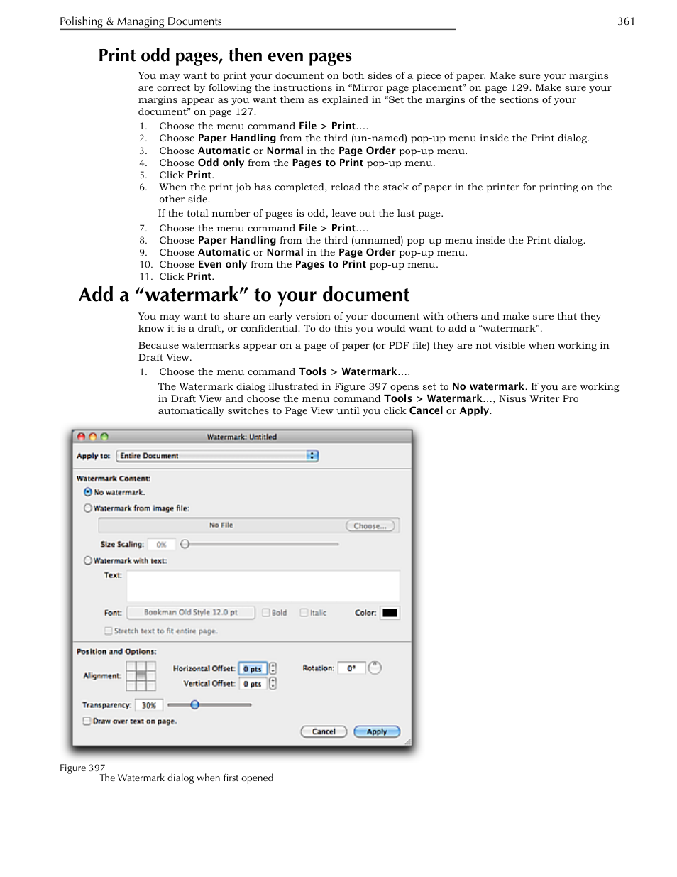 Add a “watermark” to your document, Print odd pages, then even pages | Nisus Writer Pro User Manual | Page 381 / 525