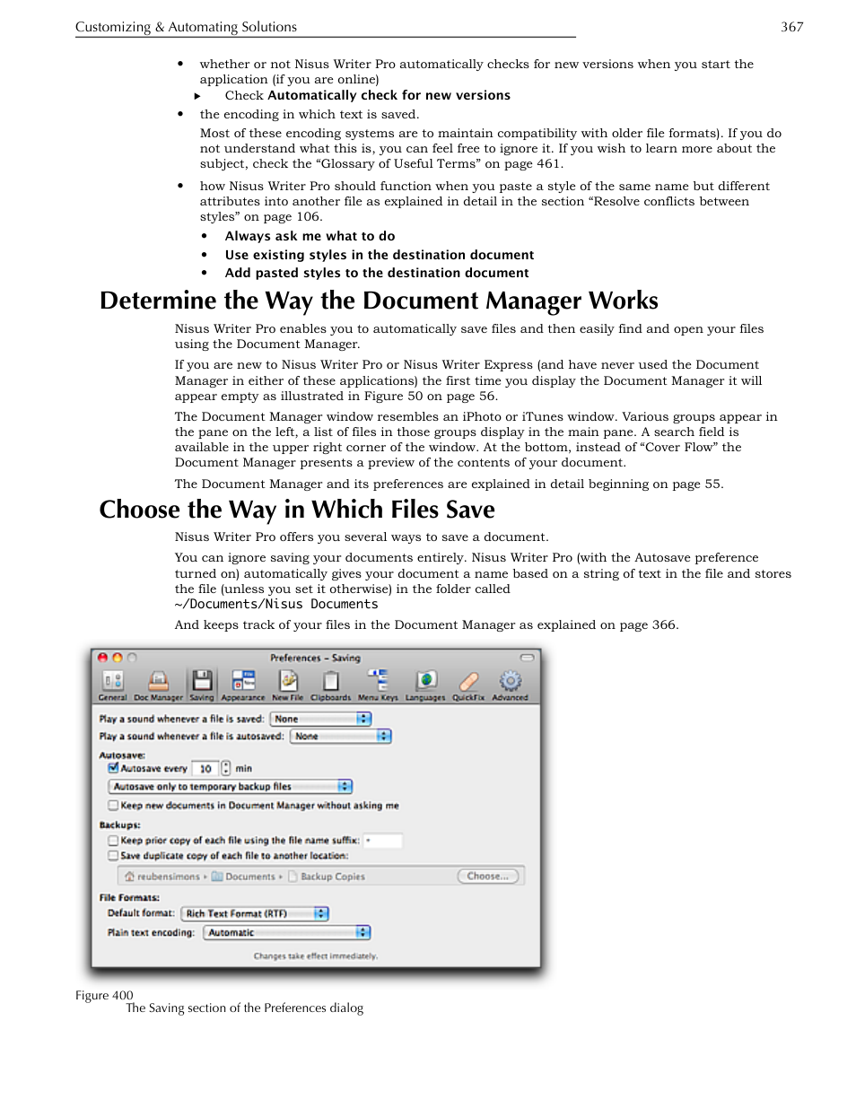 Determine the way the document manager works, Choose the way in which files save, Works | Ge 367 | Nisus Writer Pro User Manual | Page 387 / 525