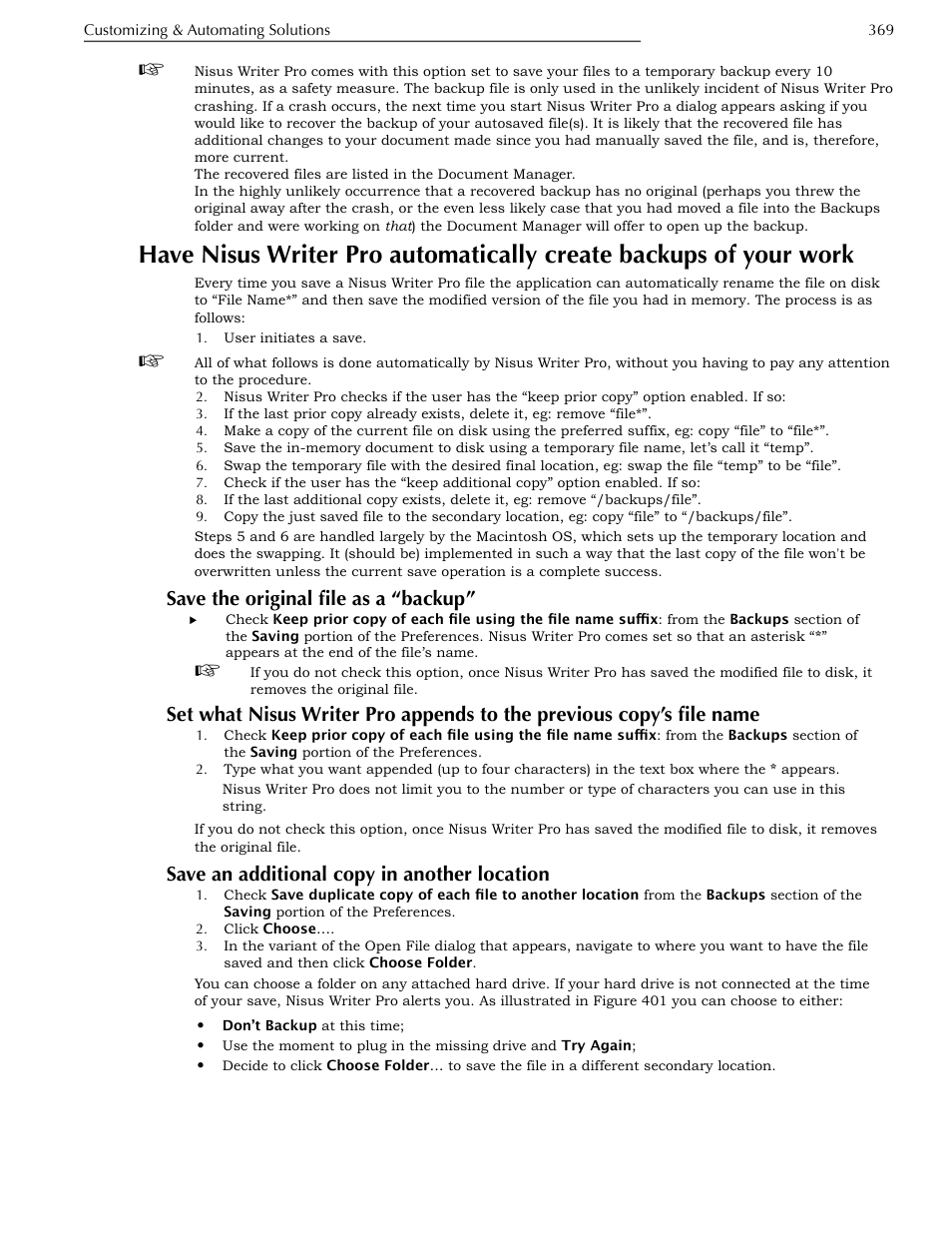 Save the original file as a “backup, Save an additional copy in another location, Backups of your work | Copy’s file name | Nisus Writer Pro User Manual | Page 389 / 525