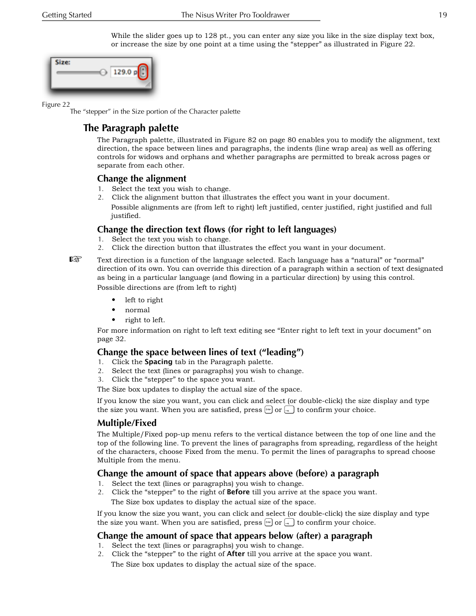 The paragraph palette, Change the alignment, Change the space between lines of text (“leading”) | Multiple/fixed, Languages), Before) a paragraph, A paragraph, Ge 19 | Nisus Writer Pro User Manual | Page 39 / 525