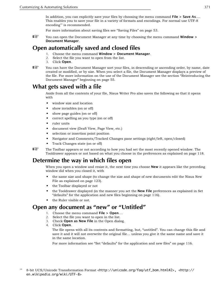 Open automatically saved and closed files, What gets saved with a file, Determine the way in which files open | Open any document as “new” or “untitled, Open any document as “new” or “untitled” 371 | Nisus Writer Pro User Manual | Page 391 / 525