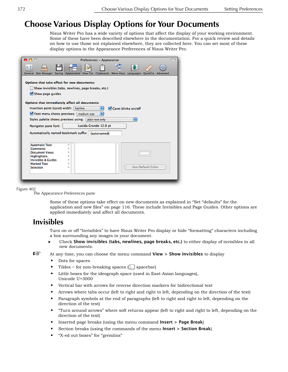 Choose various display options for your documents, Invisibles, Documents | Ge 372 for mor, Ge 372 | Nisus Writer Pro User Manual | Page 392 / 525