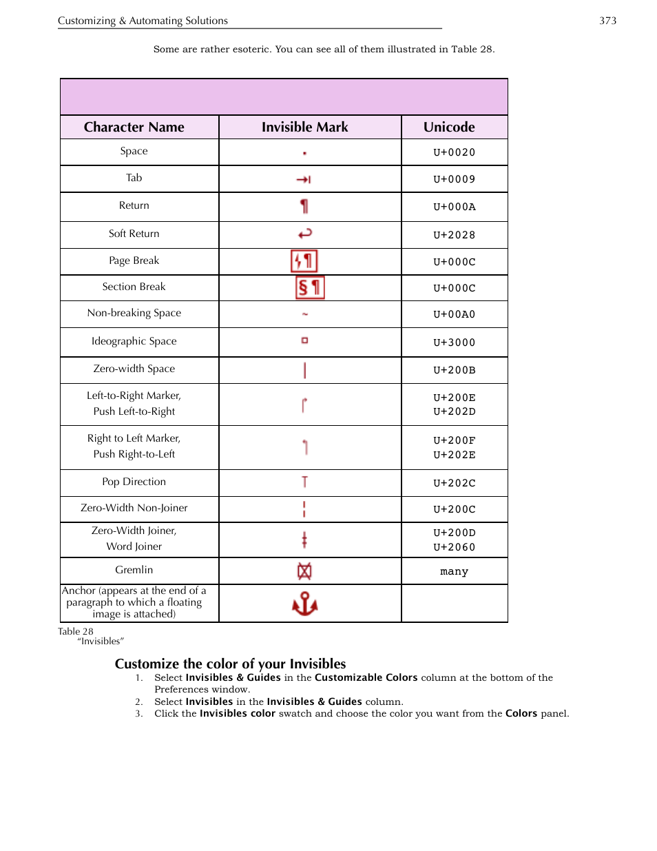Customize the color of your invisibles, Character name, Invisible mark unicode | Nisus Writer Pro User Manual | Page 393 / 525