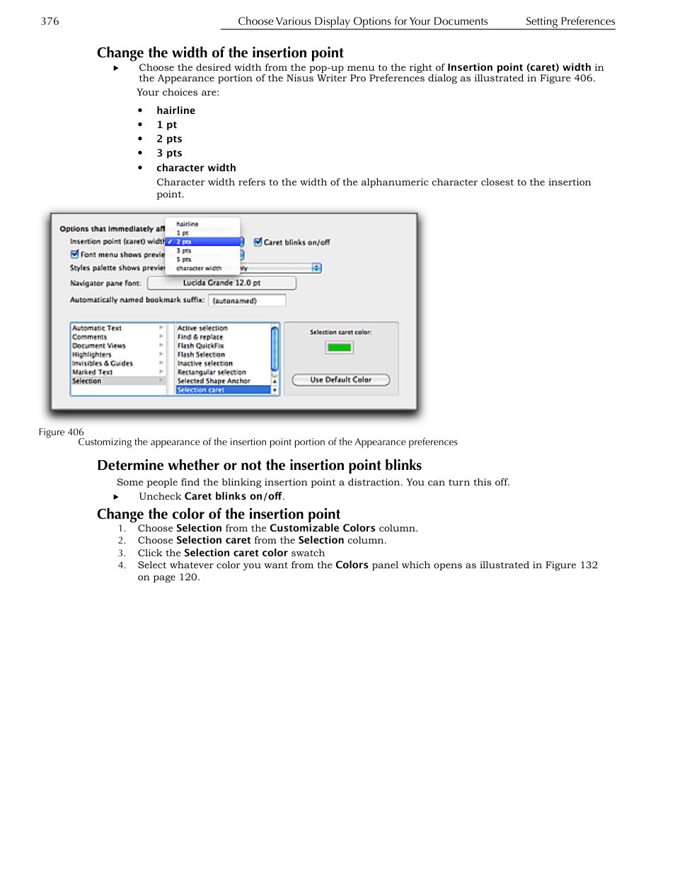 Change the width of the insertion point, Change the color of the insertion point | Nisus Writer Pro User Manual | Page 396 / 525