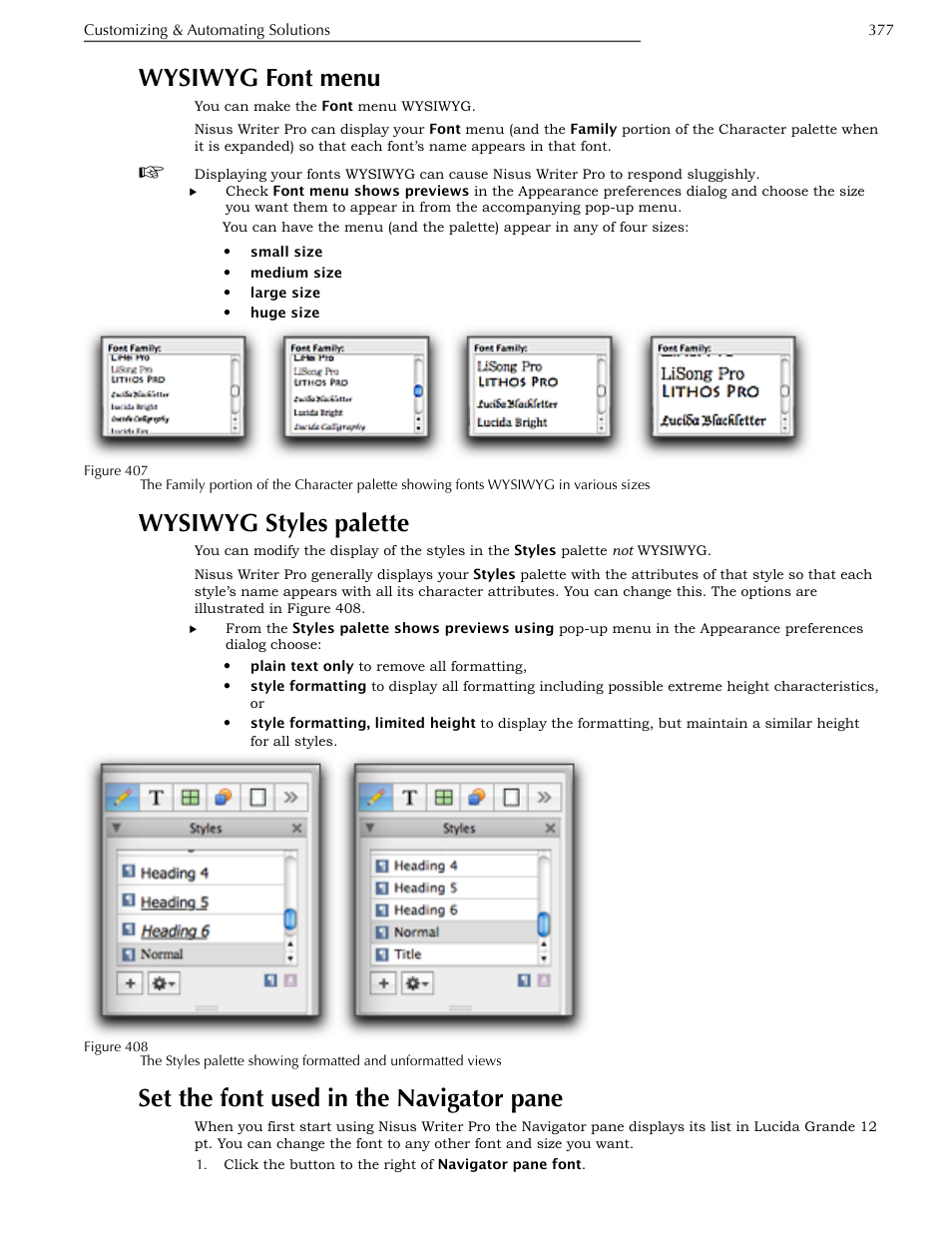 Wysiwyg font menu, Wysiwyg styles palette, Set the font used in the navigator pane | Ge 377 | Nisus Writer Pro User Manual | Page 397 / 525