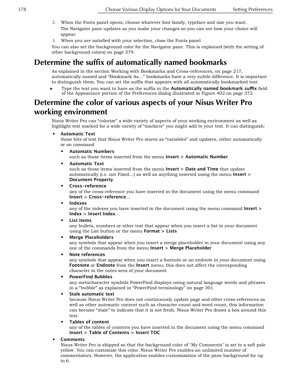 Bookmarks, Nisus writer pro working environment, 378 for mor | Ge 378, Determine the color of | Nisus Writer Pro User Manual | Page 398 / 525