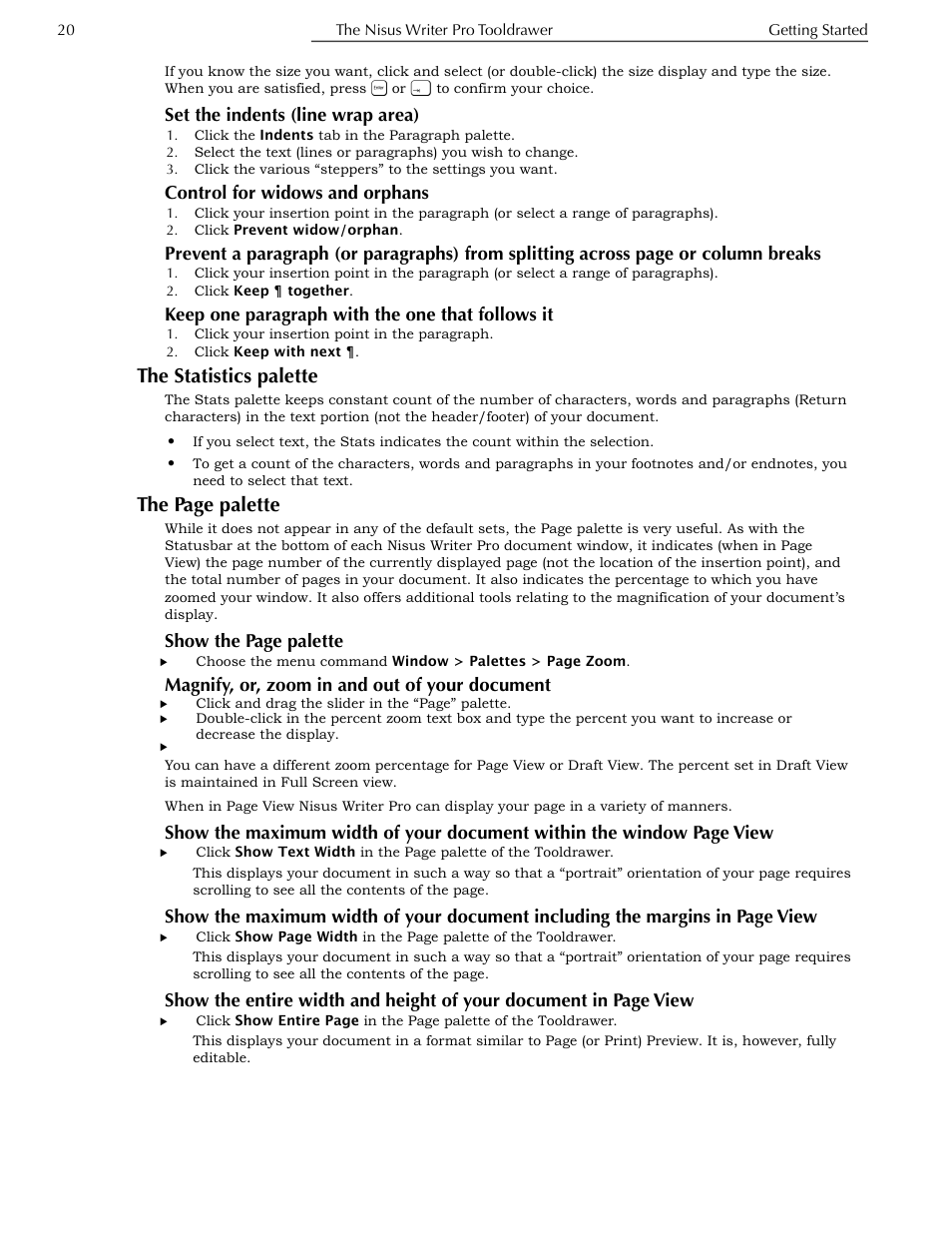Set the indents (line wrap area), Control for widows and orphans, Keep one paragraph with the one that follows it | The statistics palette, Magnify, or, zoom in and out of your document, Ge 20, The page palette, Show the page palette | Nisus Writer Pro User Manual | Page 40 / 525