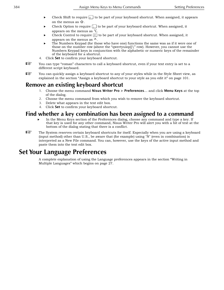 Remove an existing keyboard shortcut, Set your language preferences, Assigned to a command | Nisus Writer Pro User Manual | Page 404 / 525