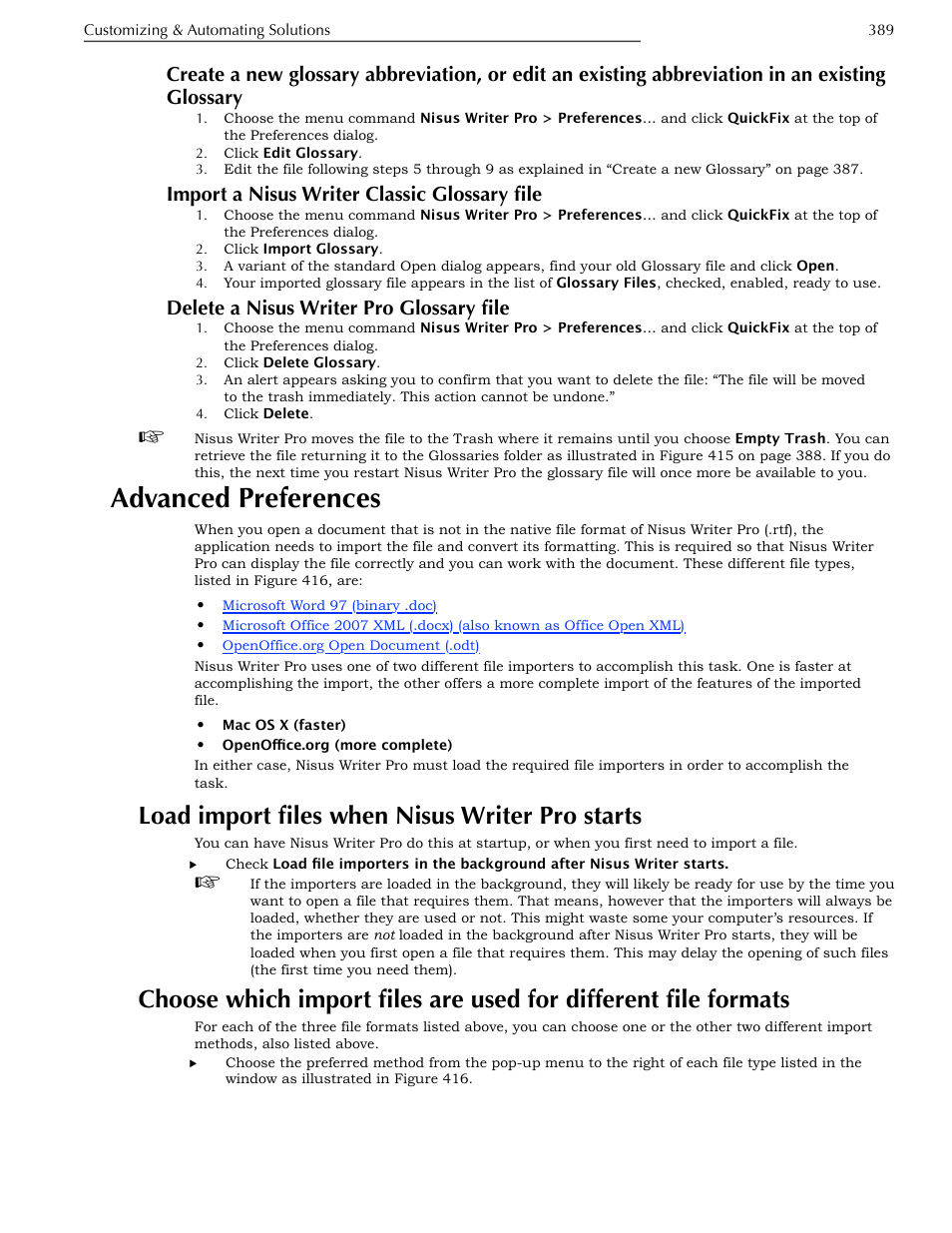 Import a nisus writer classic glossary file, Delete a nisus writer pro glossary file, Advanced preferences | Load import files when nisus writer pro starts, Existing abbreviation in an existing glossary, Load import files when nisus writer pro starts 389, File formats | Nisus Writer Pro User Manual | Page 409 / 525
