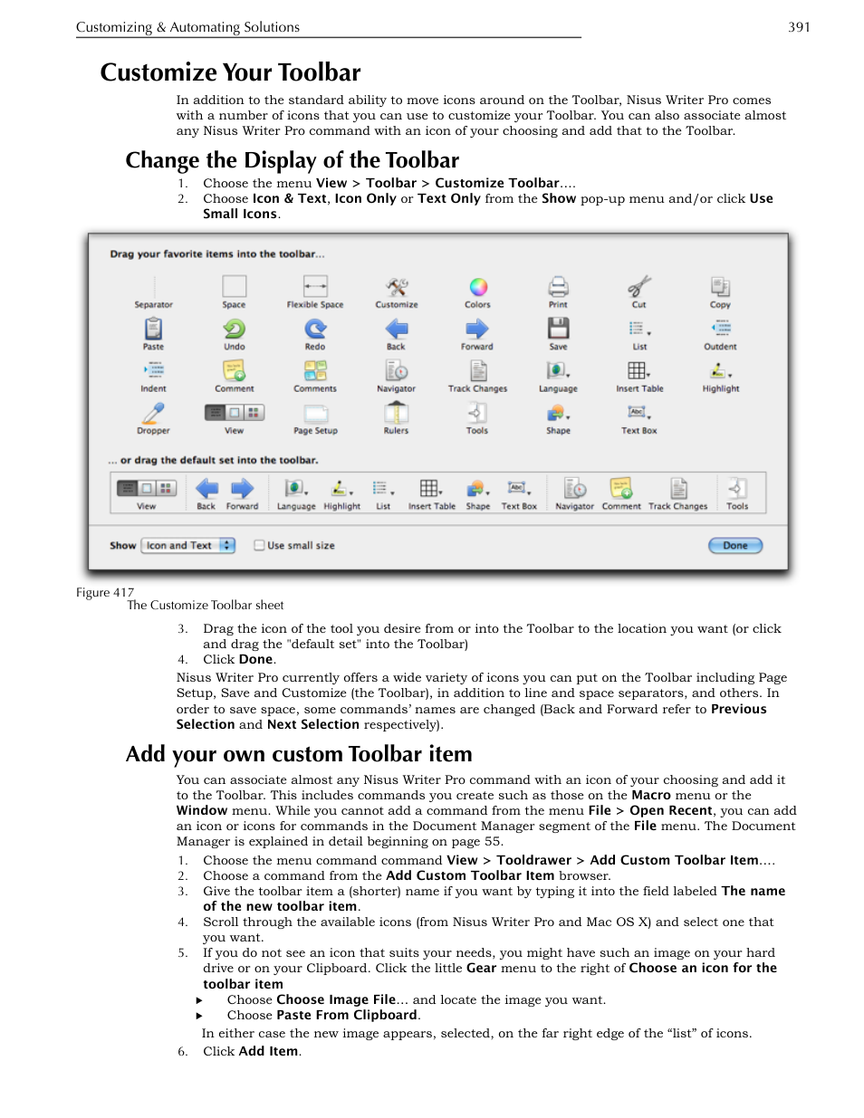 Customize your toolbar, Change the display of the toolbar, Add your own custom toolbar item | Ge 391, 391,and | Nisus Writer Pro User Manual | Page 411 / 525