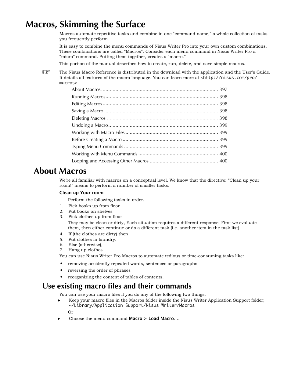 Macros, skimming the surface, About macros, Use existing macro files and their commands | Use existing macro files and their commands 397, Ge 397, Macros, skimming the surface” and, 397 and | Nisus Writer Pro User Manual | Page 417 / 525