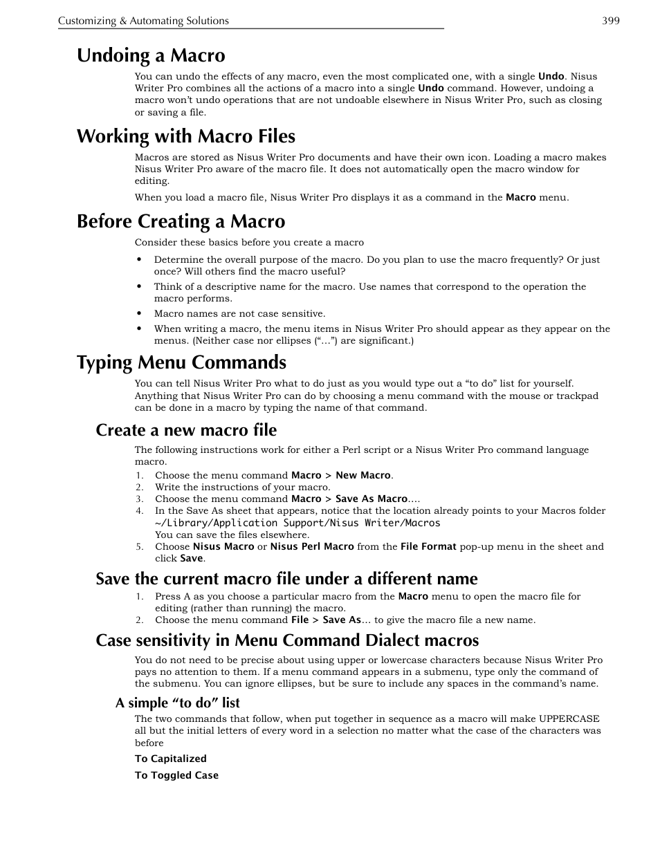 Undoing a macro, Working with macro files, Before creating a macro | Typing menu commands, Create a new macro file, Save the current macro file under a different name, Case sensitivity in menu command dialect macros, A simple “to do” list, Macros | Nisus Writer Pro User Manual | Page 419 / 525