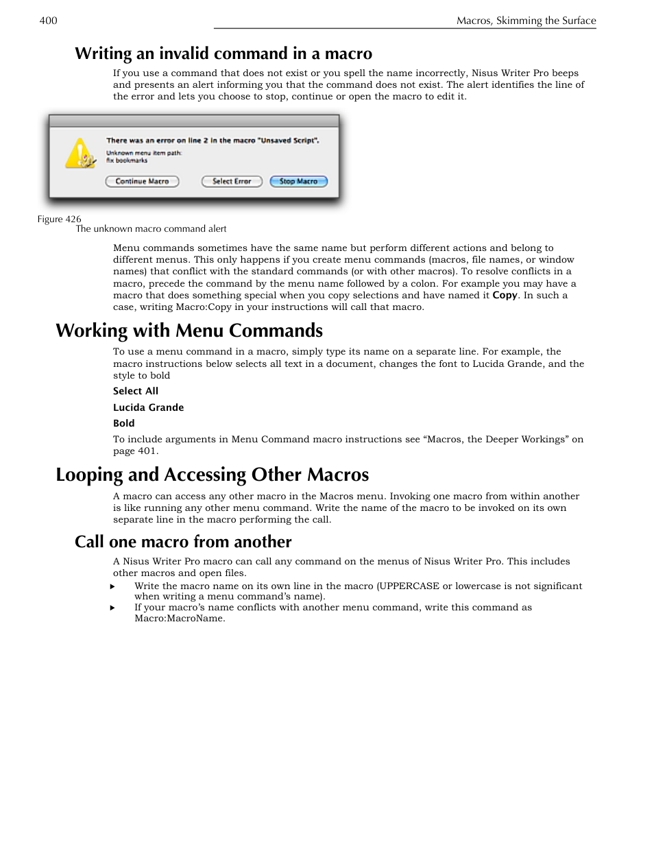 Writing an invalid command in a macro, Working with menu commands, Looping and accessing other macros | Call one macro from another | Nisus Writer Pro User Manual | Page 420 / 525