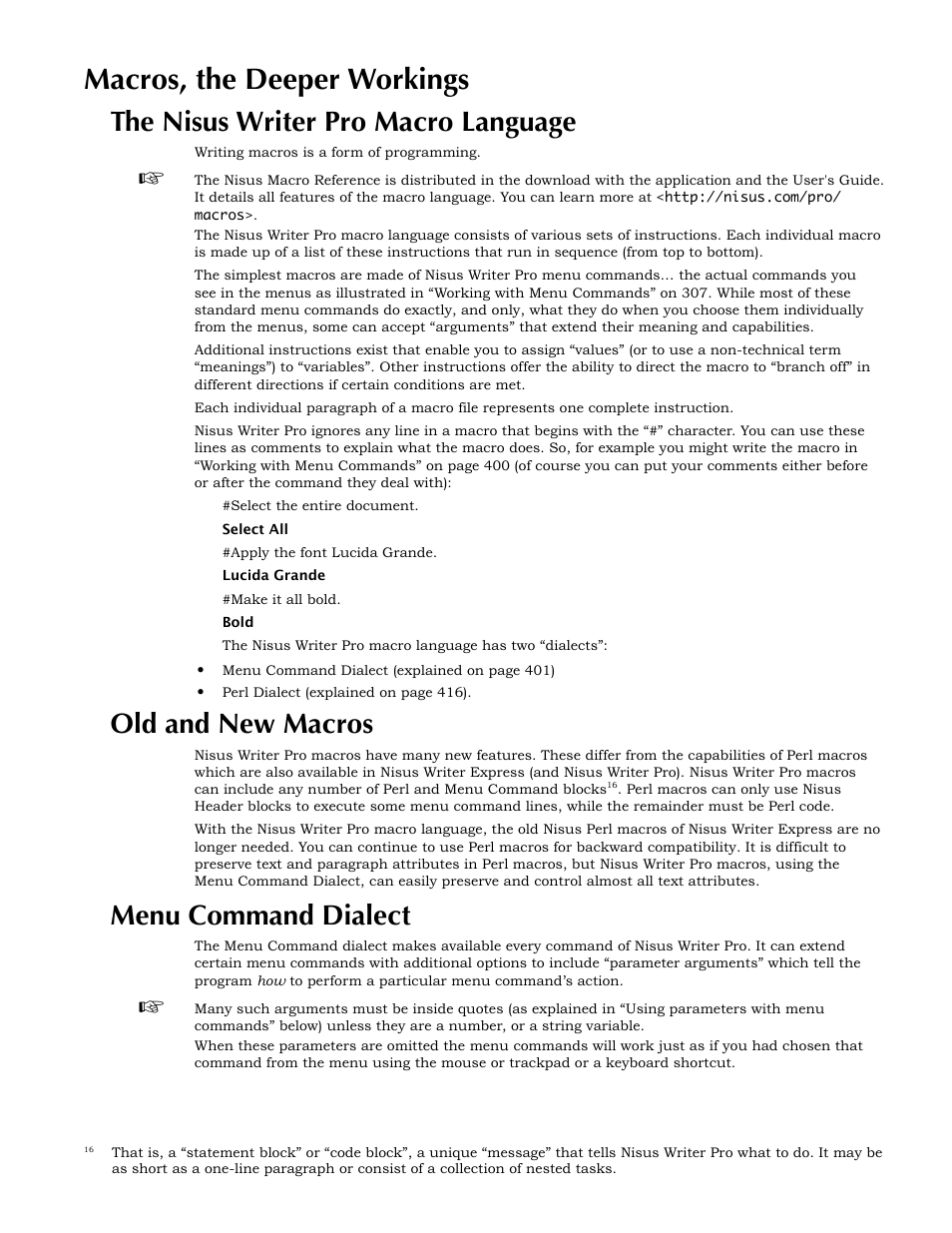Macros, the deeper workings, The nisus writer pro macro language, Old and new macros | Menu command dialect, 401 r | Nisus Writer Pro User Manual | Page 421 / 525