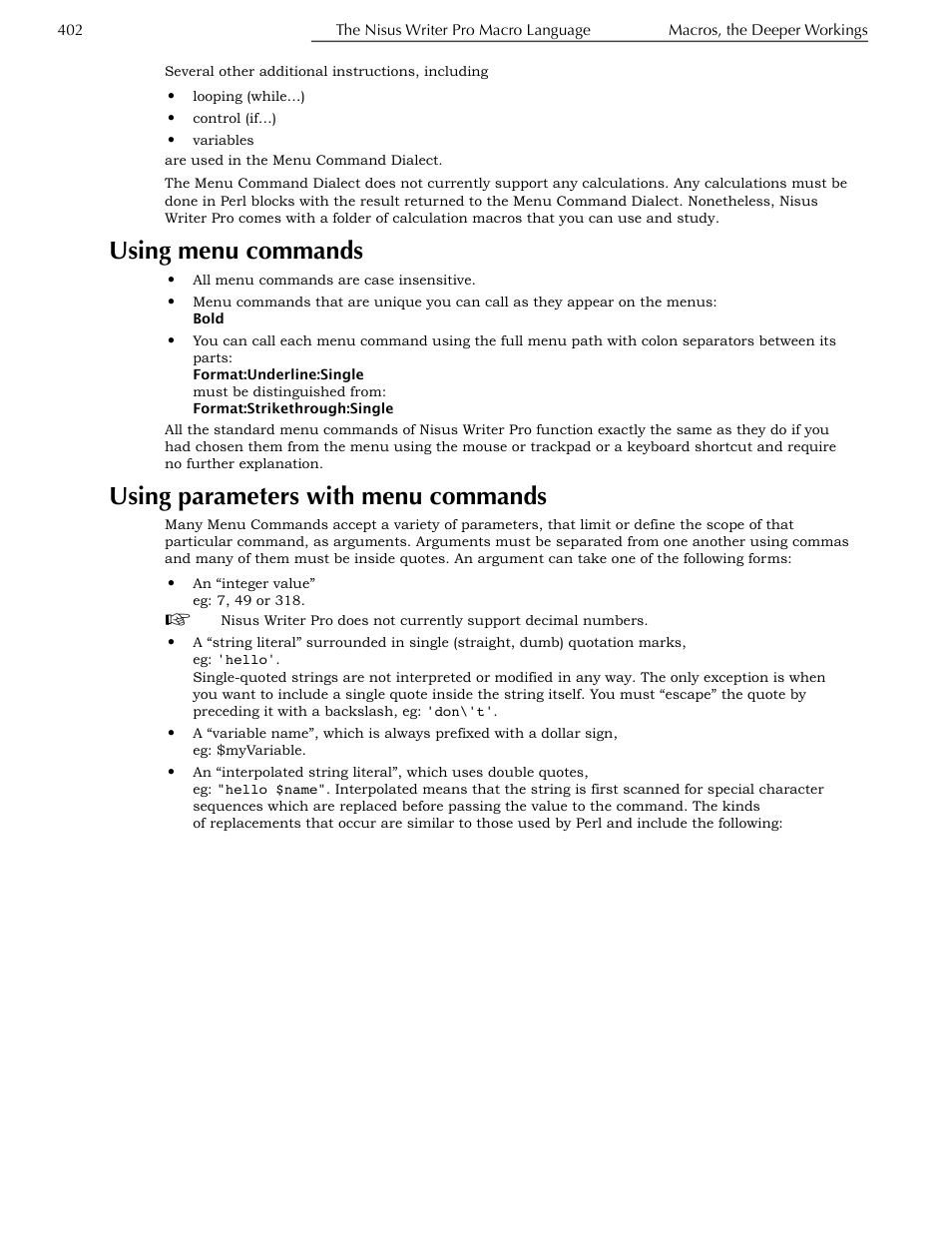Using menu commands, Using parameters with menu commands, Using parameters with menu commands” below) | Nisus Writer Pro User Manual | Page 422 / 525