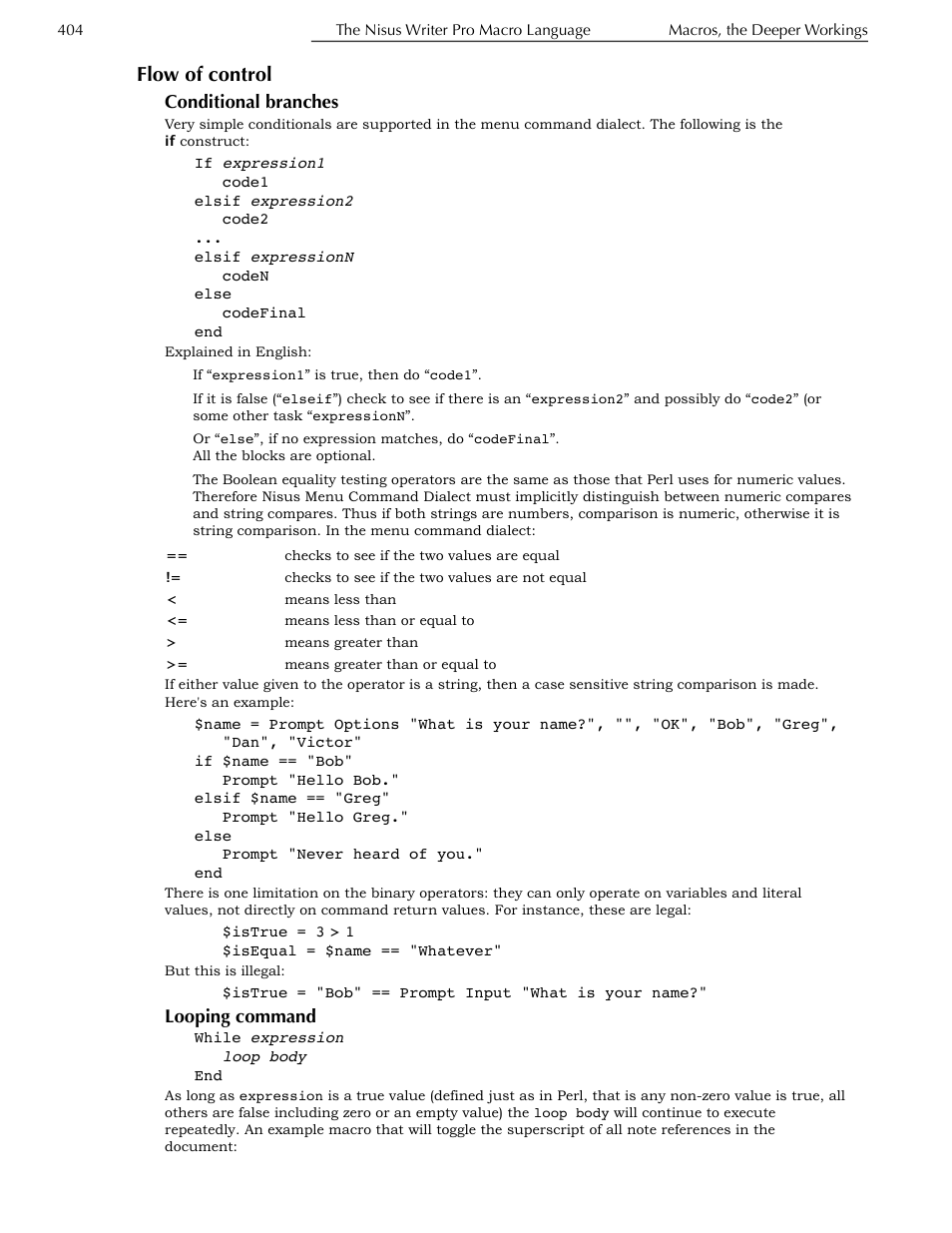 Flow of control, Conditional branches, Looping command | Nisus Writer Pro User Manual | Page 424 / 525