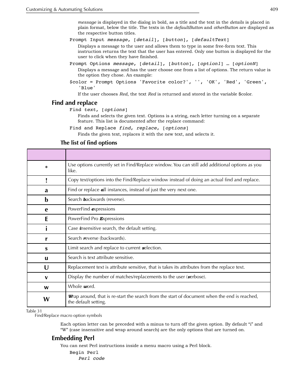 Find and replace, The list of find options, Embedding perl | Nisus Writer Pro User Manual | Page 429 / 525
