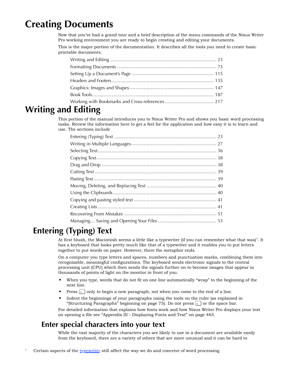 Creating documents, Writing and editing, Entering (typing) text | Enter special characters into your text | Nisus Writer Pro User Manual | Page 43 / 525
