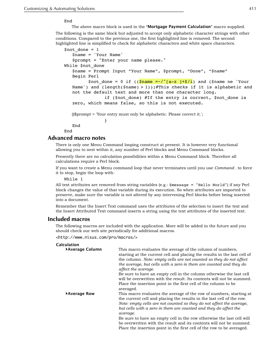 Advanced macro notes, Included macros | Nisus Writer Pro User Manual | Page 431 / 525
