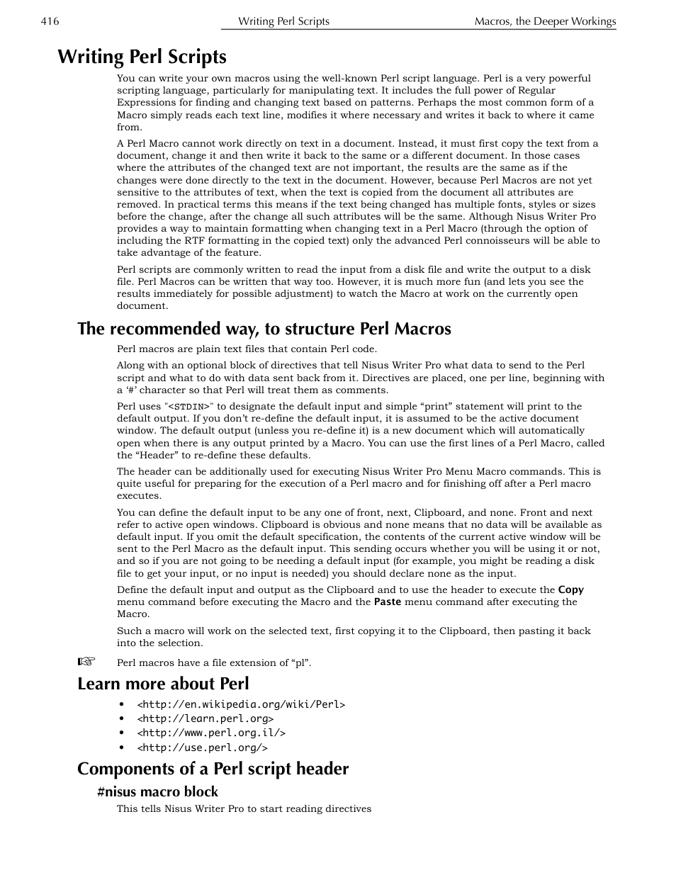 Writing perl scripts, The recommended way, to structure perl macros, Learn more about perl | Components of a perl script header, Nisus macro block, Ge 416 | Nisus Writer Pro User Manual | Page 436 / 525