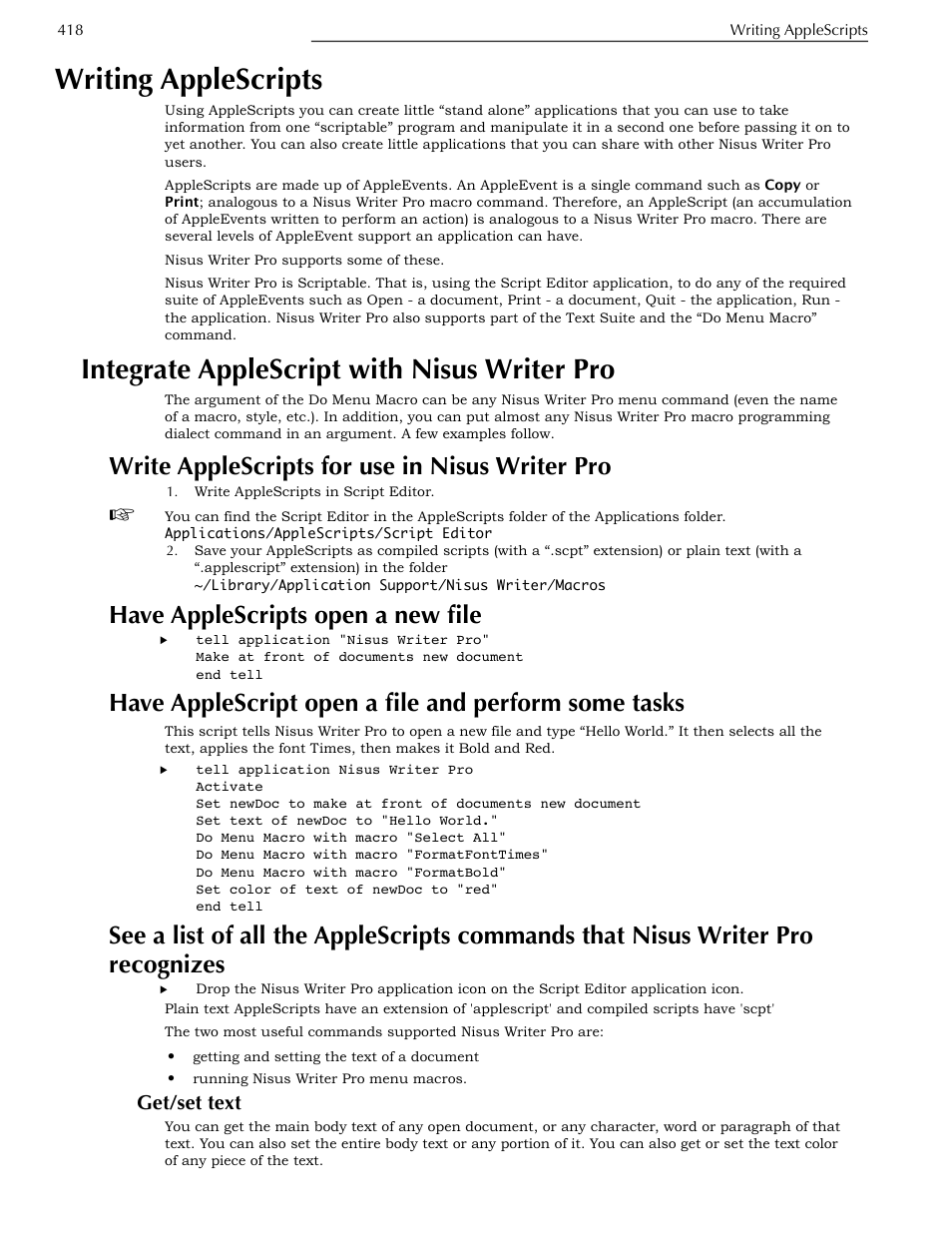 Writing applescripts, Integrate applescript with nisus writer pro, Write applescripts for use in nisus writer pro | Have applescripts open a new file, Get/set text, Integrate applescript with nisus writer pro 418, Write applescripts for use in nisus writer pro 418, Tasks, Nisus writer pro recognizes | Nisus Writer Pro User Manual | Page 438 / 525