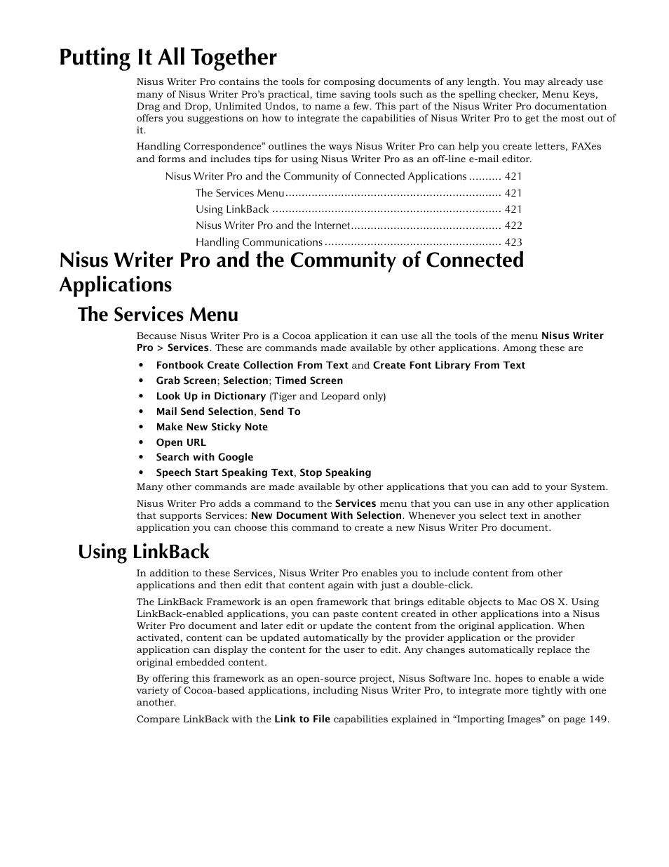 Putting it all together, The services menu, Using linkback | Connected applications | Nisus Writer Pro User Manual | Page 441 / 525