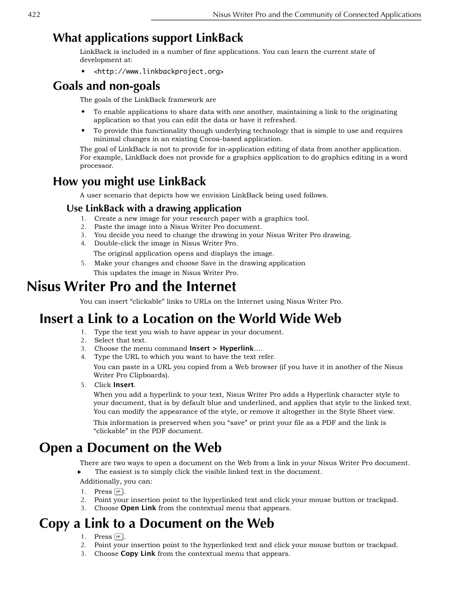 What applications support linkback, Goals and non-goals, How you might use linkback | Use linkback with a drawing application, Nisus writer pro and the internet, Insert a link to a location on the world wide web, Open a document on the web, Copy a link to a document on the web, Ge 422 | Nisus Writer Pro User Manual | Page 442 / 525