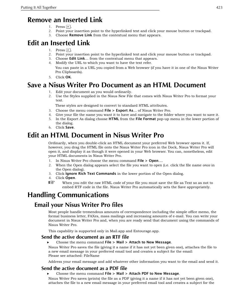 Remove an inserted link, Edit an inserted link, Edit an html document in nisus writer pro | Handling communications, Email your nisus writer pro files, Send the active document as an rtf file, Send the active document as a pdf file, Document, Ge 423 | Nisus Writer Pro User Manual | Page 443 / 525